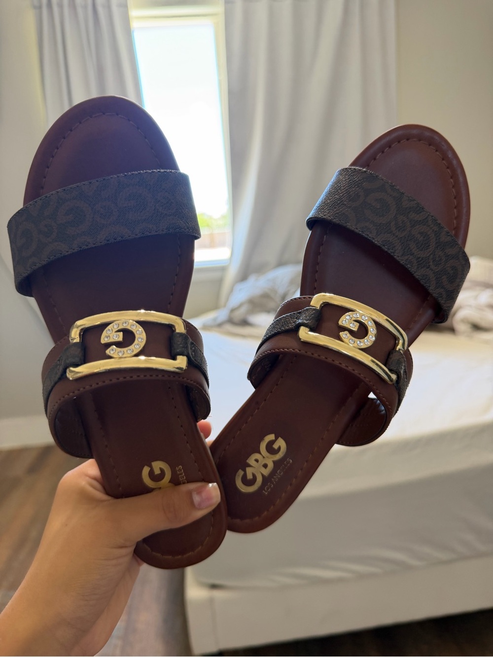 GBG Los Angeles Brown Logo-Print Slide Sandals with Gold Buckle Accent